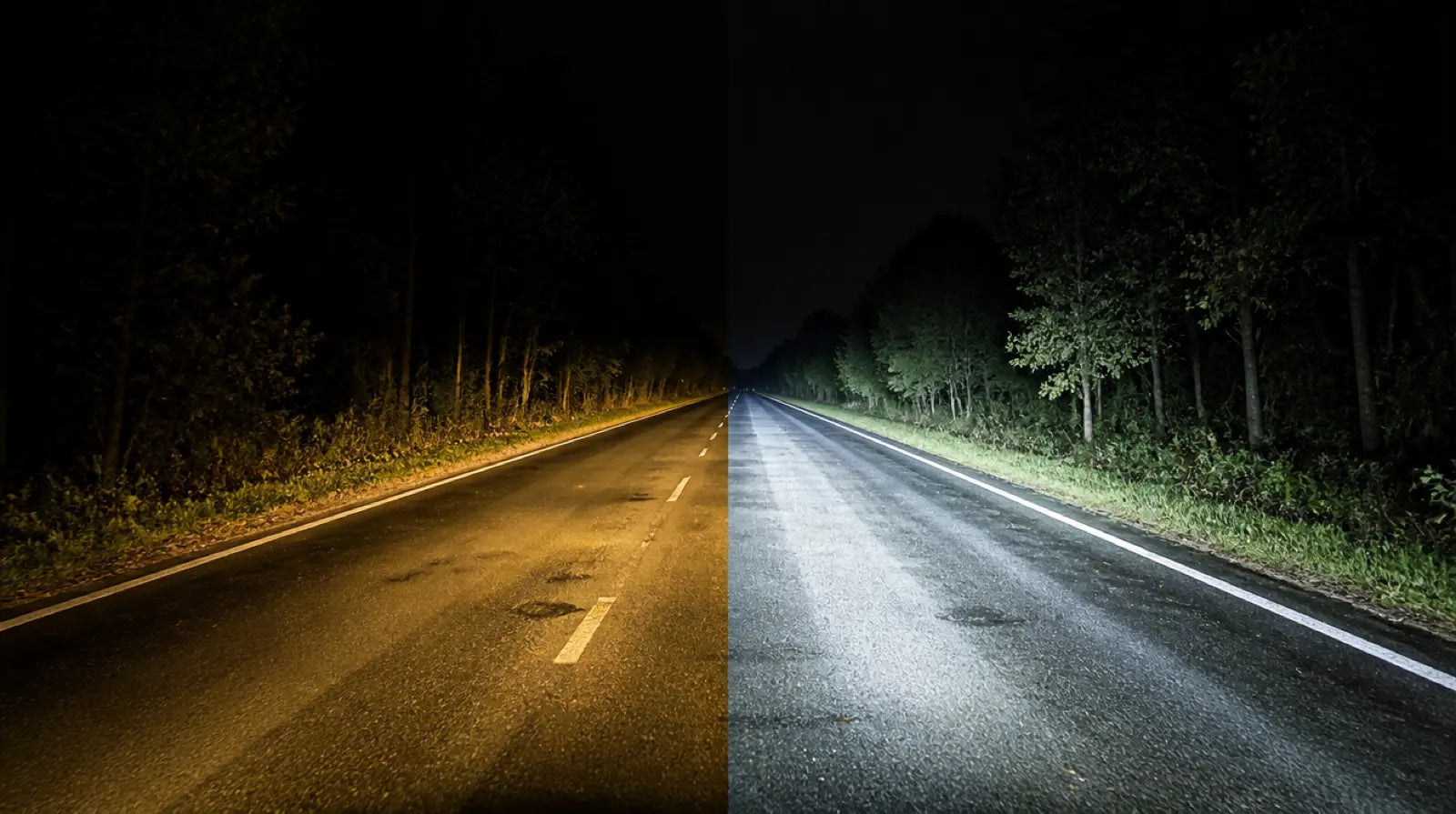 Сравнение на нощна видимост: халогенна светлина отляво и LED светлина отдясно на един и същ път